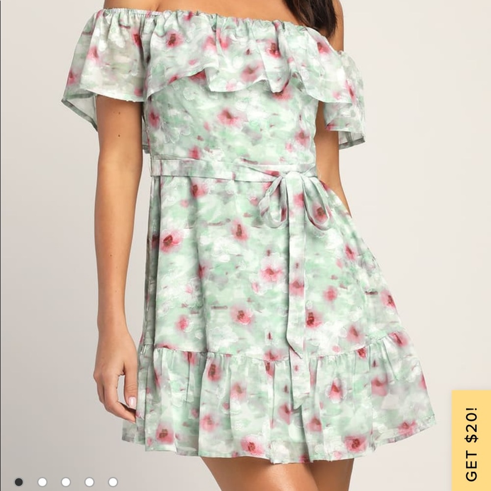 Lulus small French Gardens Green Burnout Floral Off-the-Shoulder Mini Dress